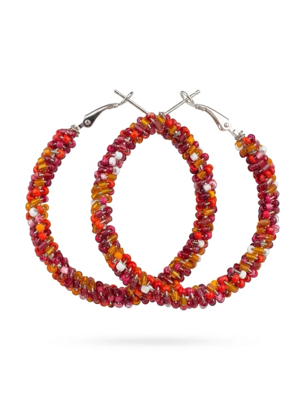 Vintage Beaded Hoop Earrings - Red & Orange